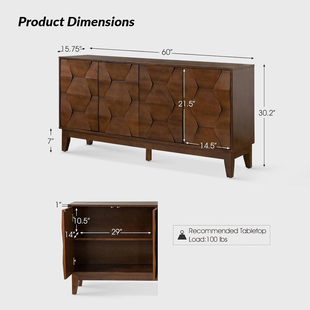 Walnut Solid Wood Leg 4-Door Mid Century Sideboard Cabinet
