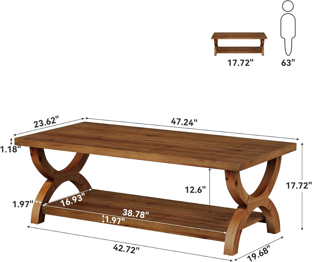 47.2 Inch Rectangle Solid Wood Coffee Table with Storage Shelf for Living Room