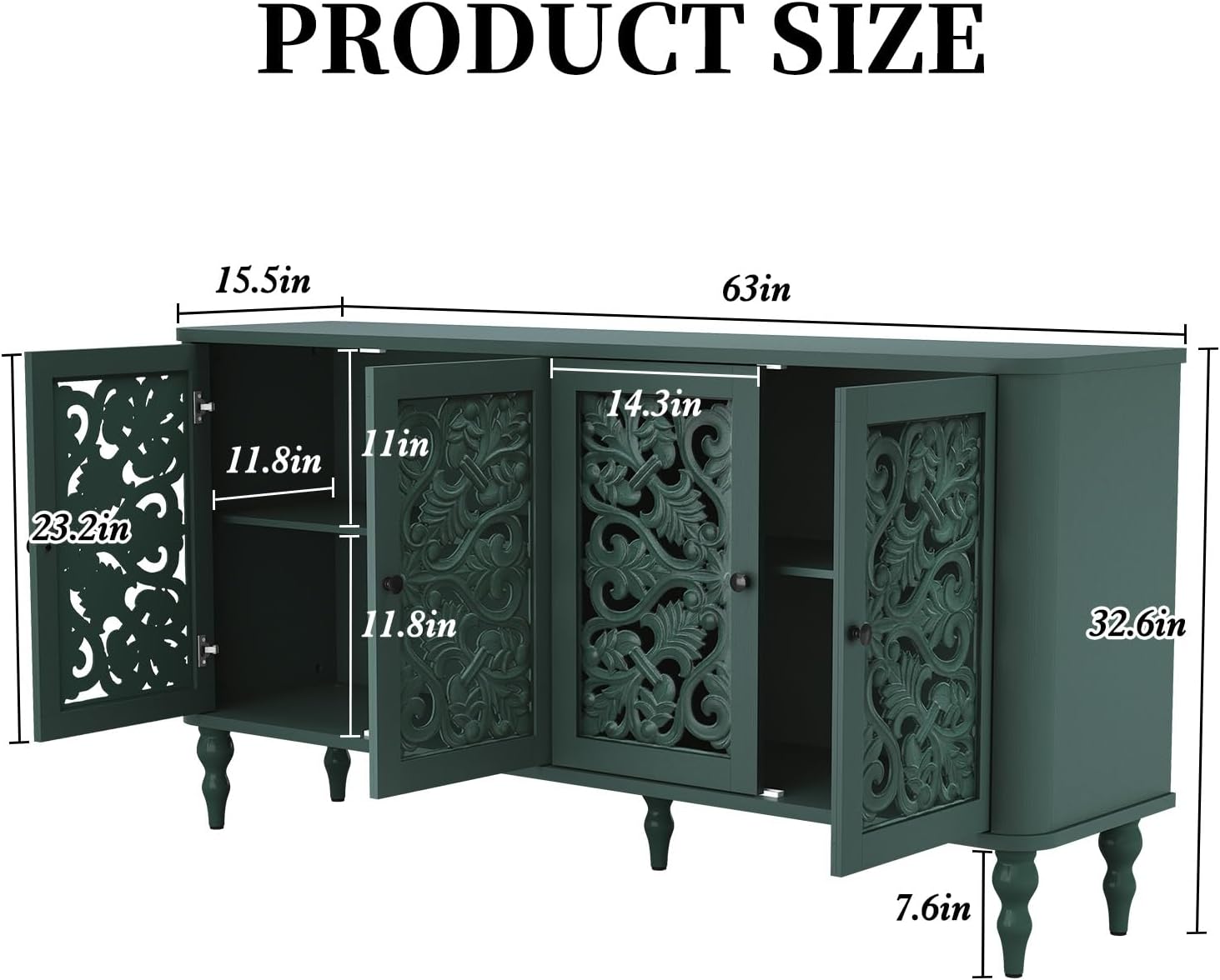 Green 63" Retro Arc Carved 4-Door Sideboard Credenza