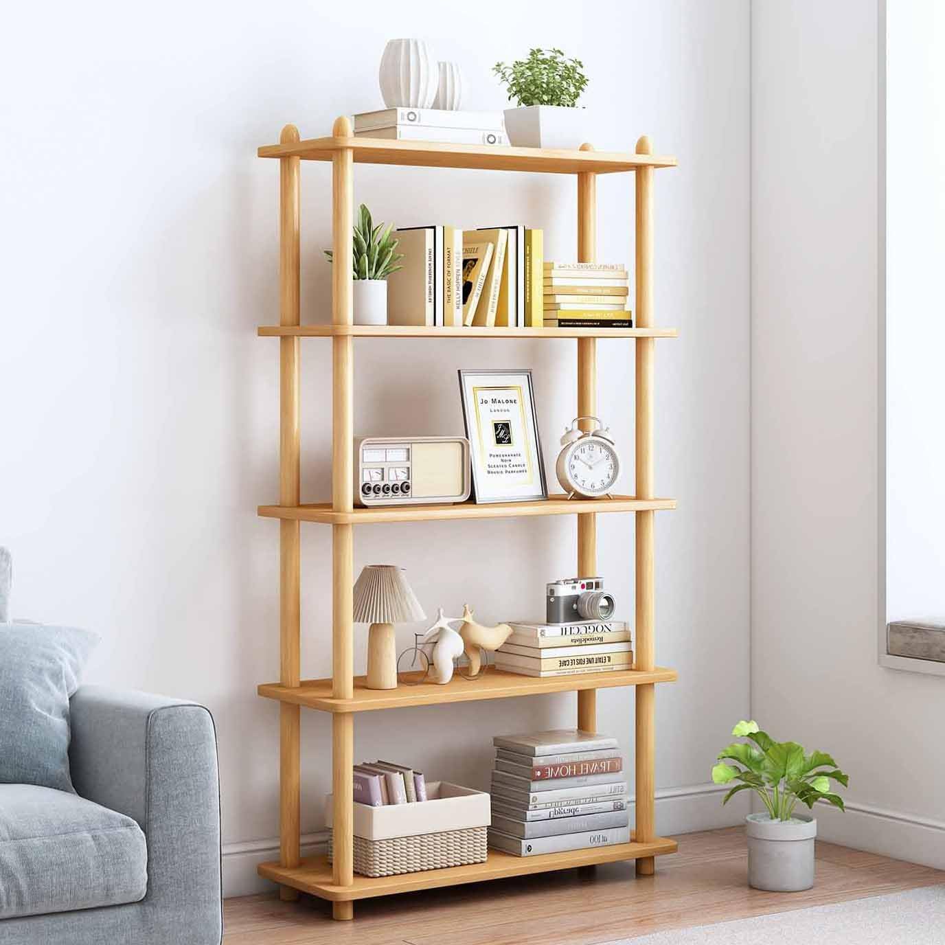 Oak Rectangle 5-Tier Modern Open Storage Bookcase