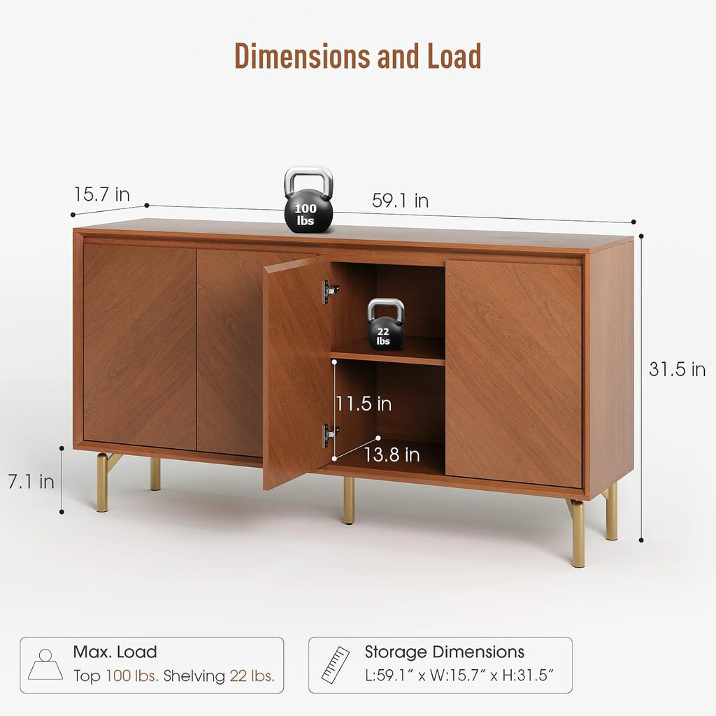 Red Walnut Herringbone Door Mid Century Sideboard Cabinet