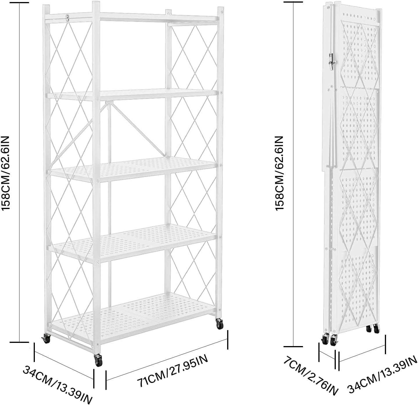 White 5-Tier Wheeled Foldable Heavy Duty Metal Storage Shelf