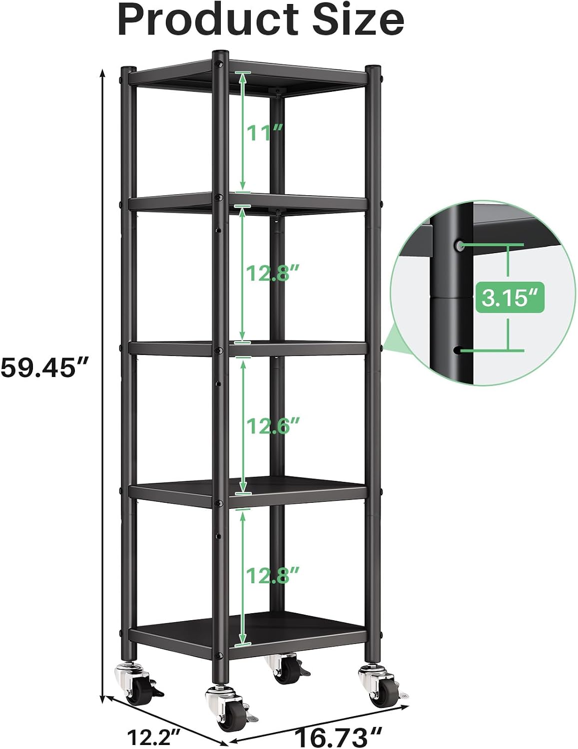 Wheeled Adjustable Metal 5-Tier Multi-Scene Storage Shelving Unit