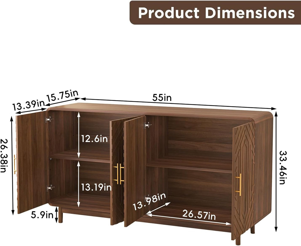 Walnut Geometric Carved 4-Door Mid-Century Sideboard Cabinet