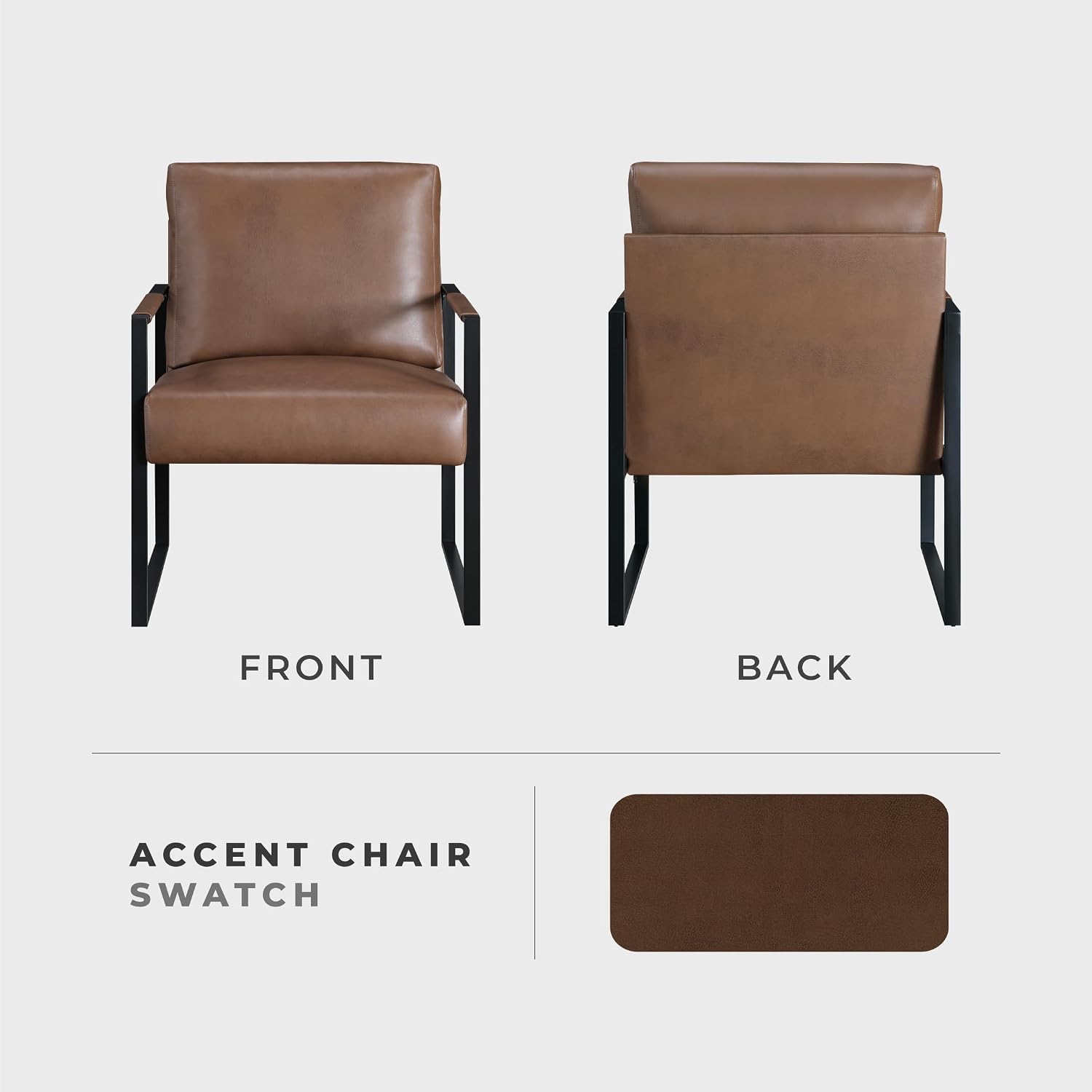 Brown Faux Leather Accent Chair with Black Metal Frame & Wrapped Armrests