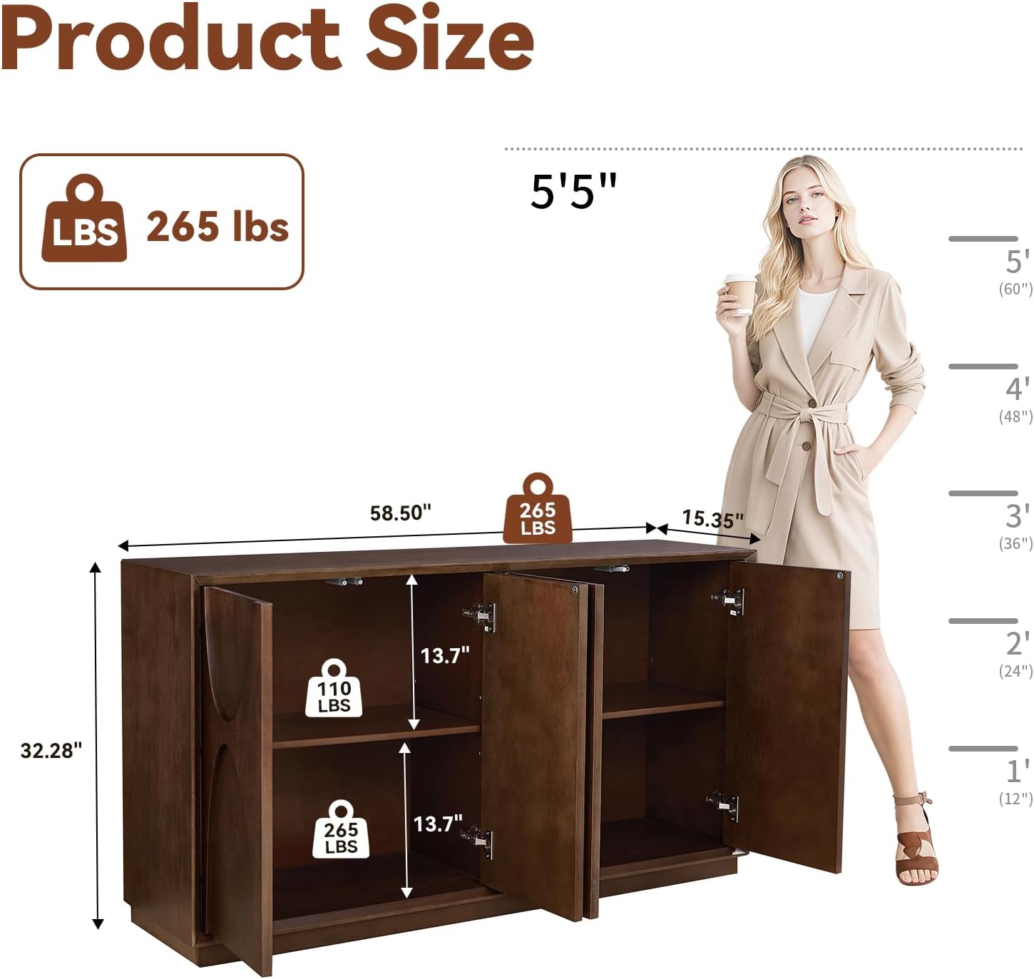 Walnut Retro Magnetic Door Storage Sideboard Cabinet