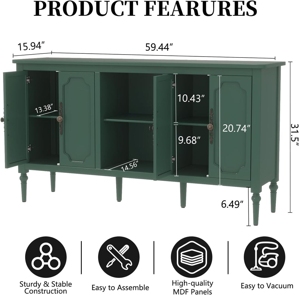 Green 59" Vintage Mid-Century 4-Door Sideboard TV Credenza