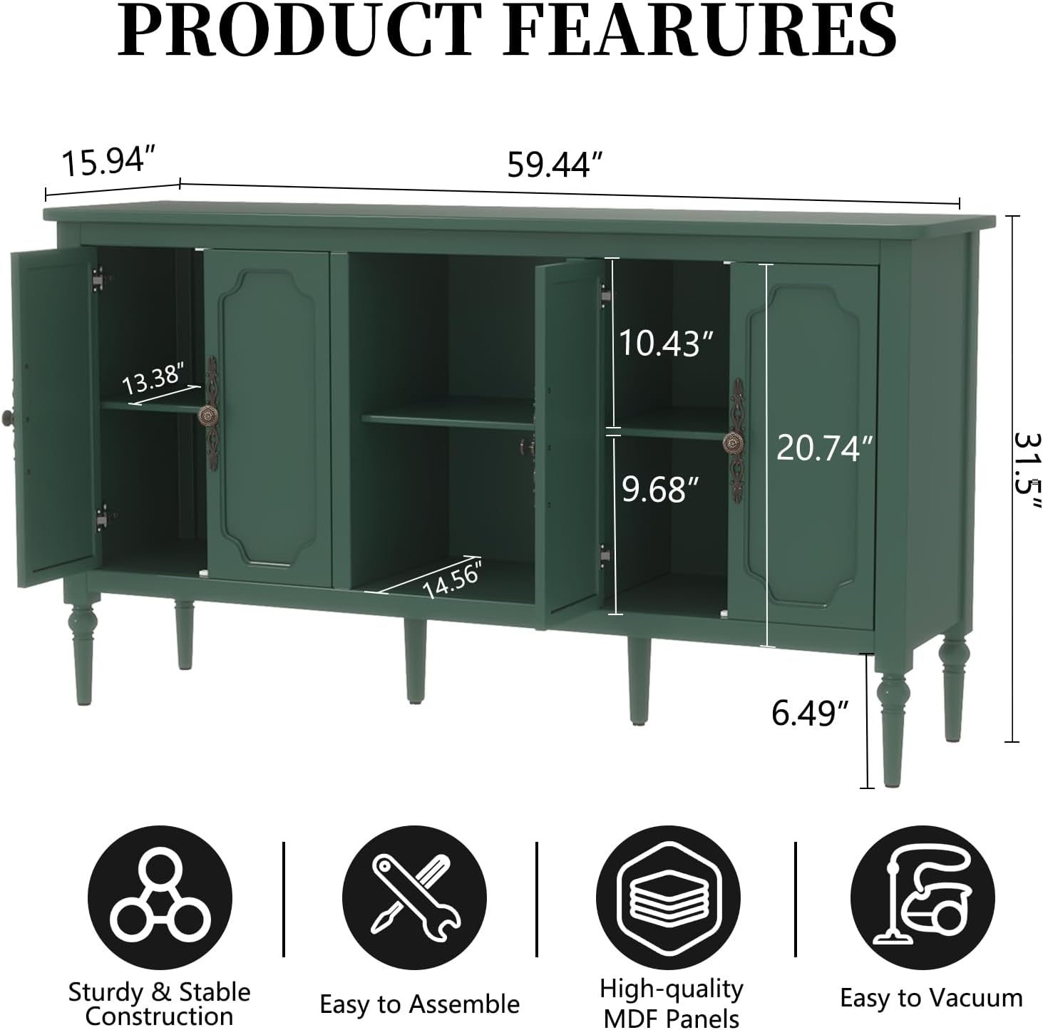 Green 59" Vintage Mid-Century 4-Door Sideboard TV Credenza