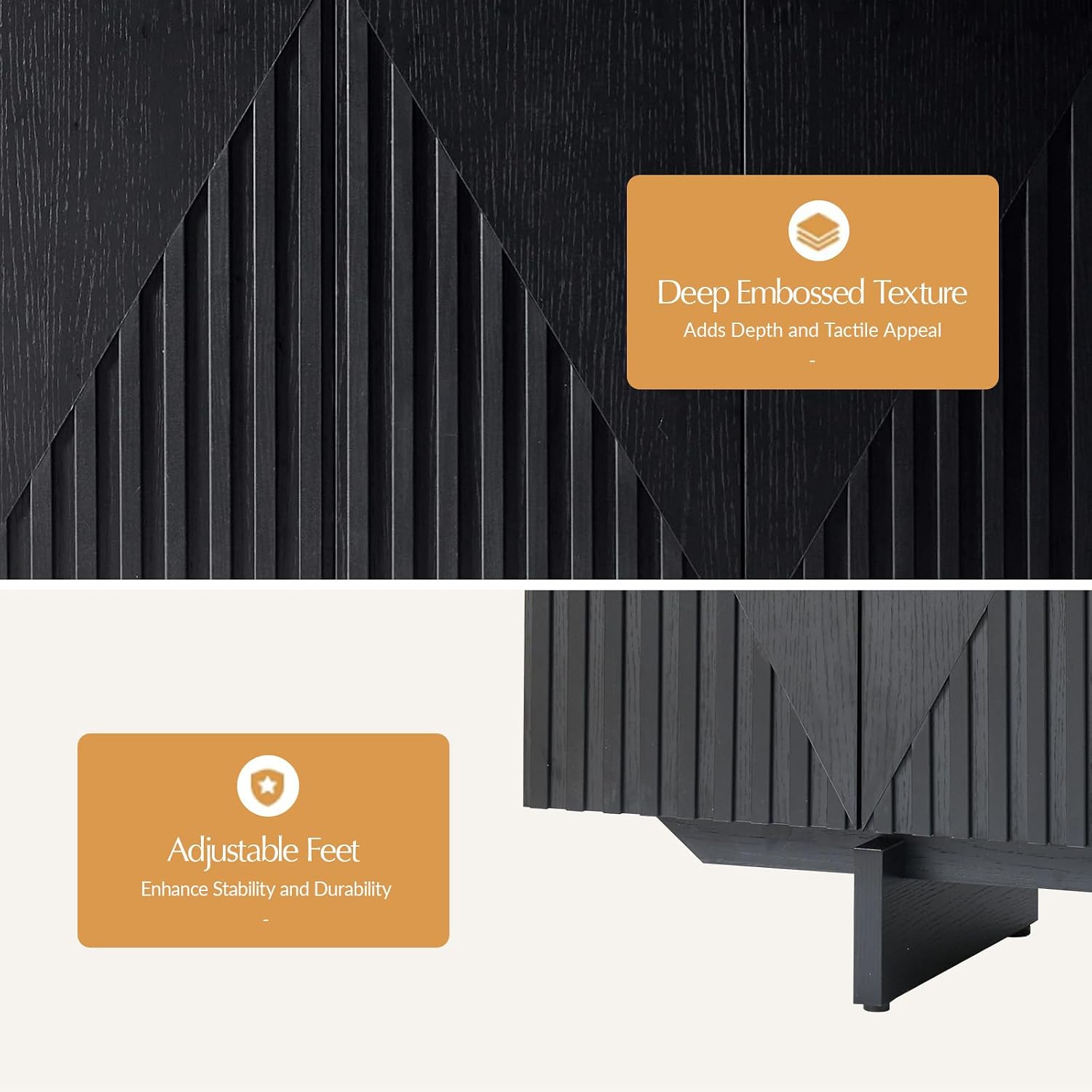 Black Fluted 4-Door Mid Century Solid Wood Sideboard