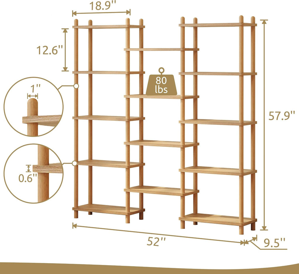 Oak Triple Wide 5-Tier Beech Frame Open Display Bookshelf