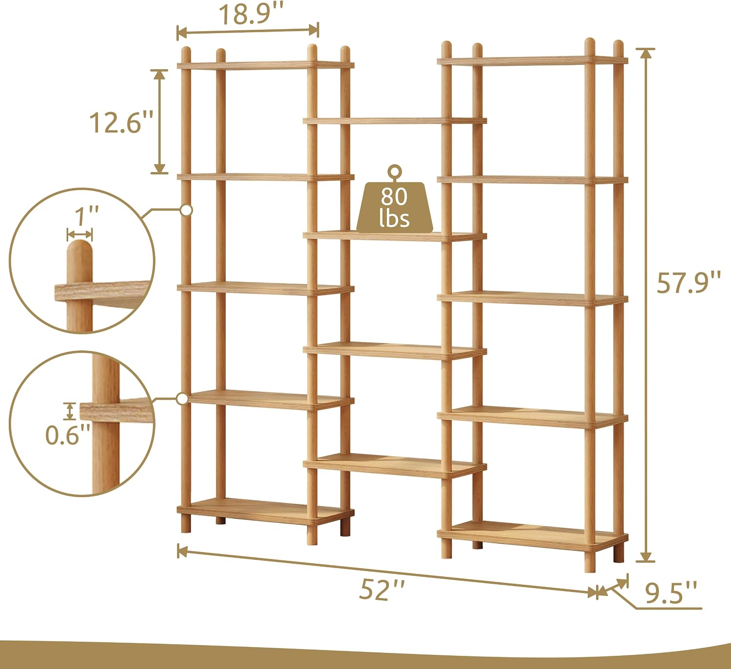 Oak Triple Wide 5-Tier Beech Frame Open Display Bookshelf