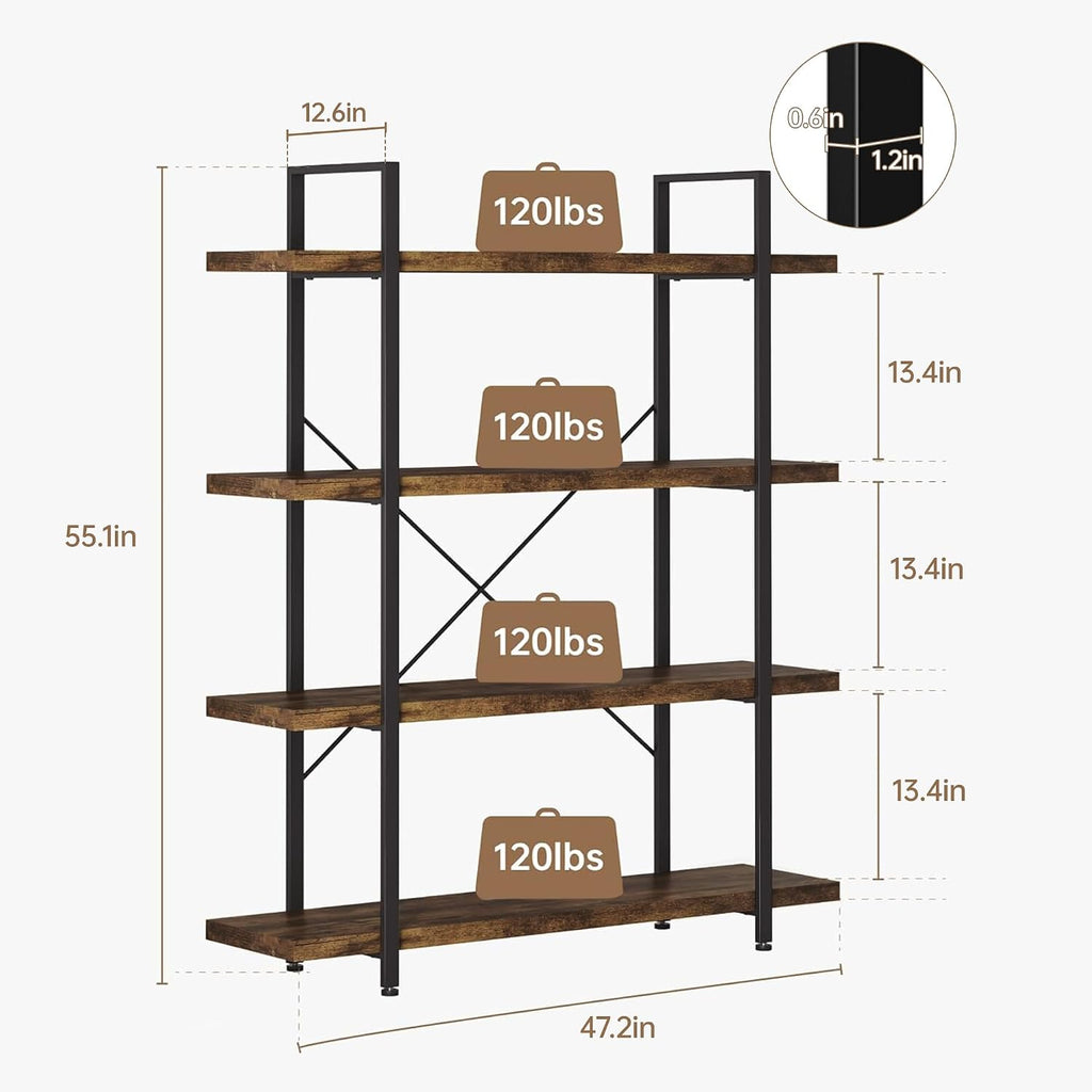 Rustic Wide 4-Tier Heavy Duty Industrial Open Display Bookcase
