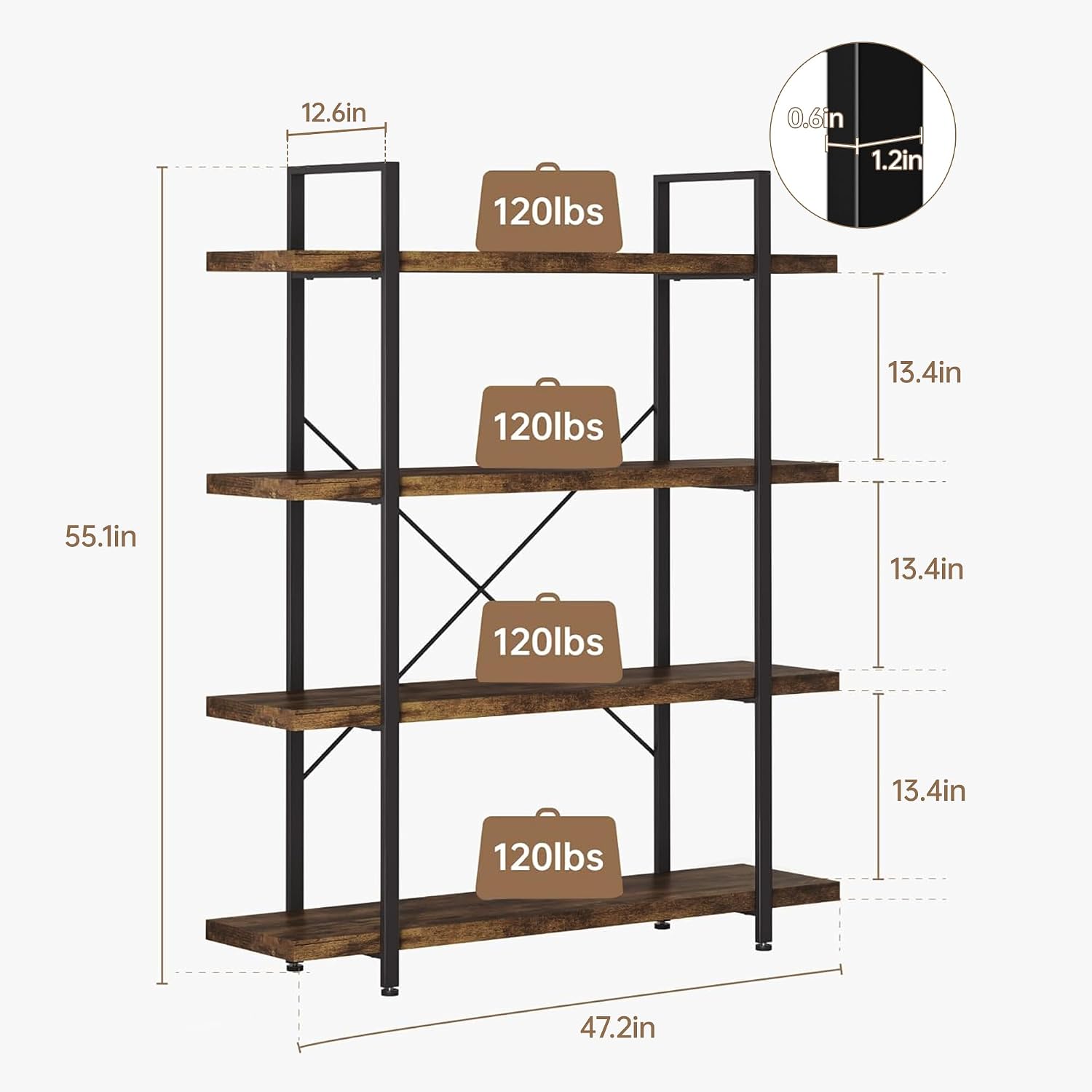 Rustic Wide 4-Tier Heavy Duty Industrial Open Display Bookcase