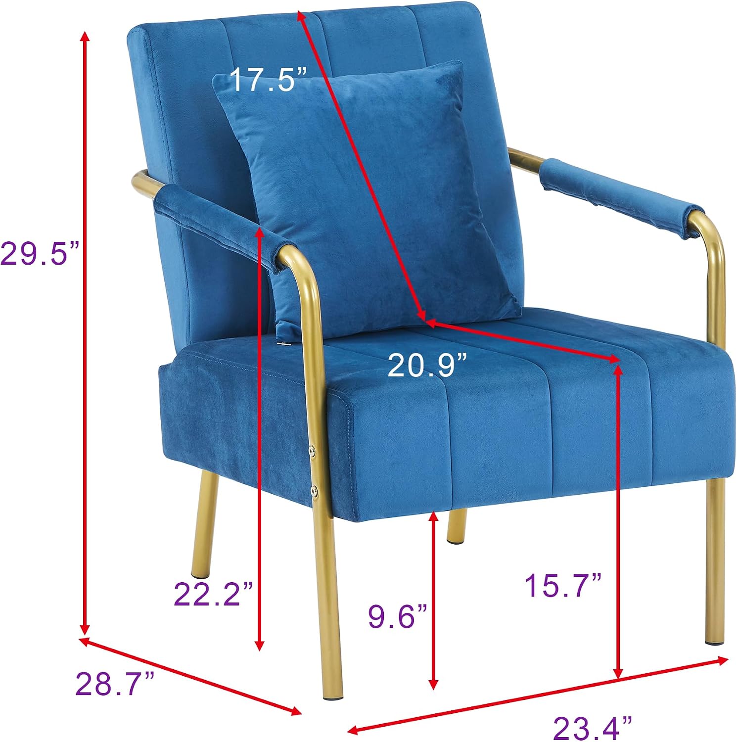 Blue Velvet Mid-Century Accent Chair with Gold Metal Frame