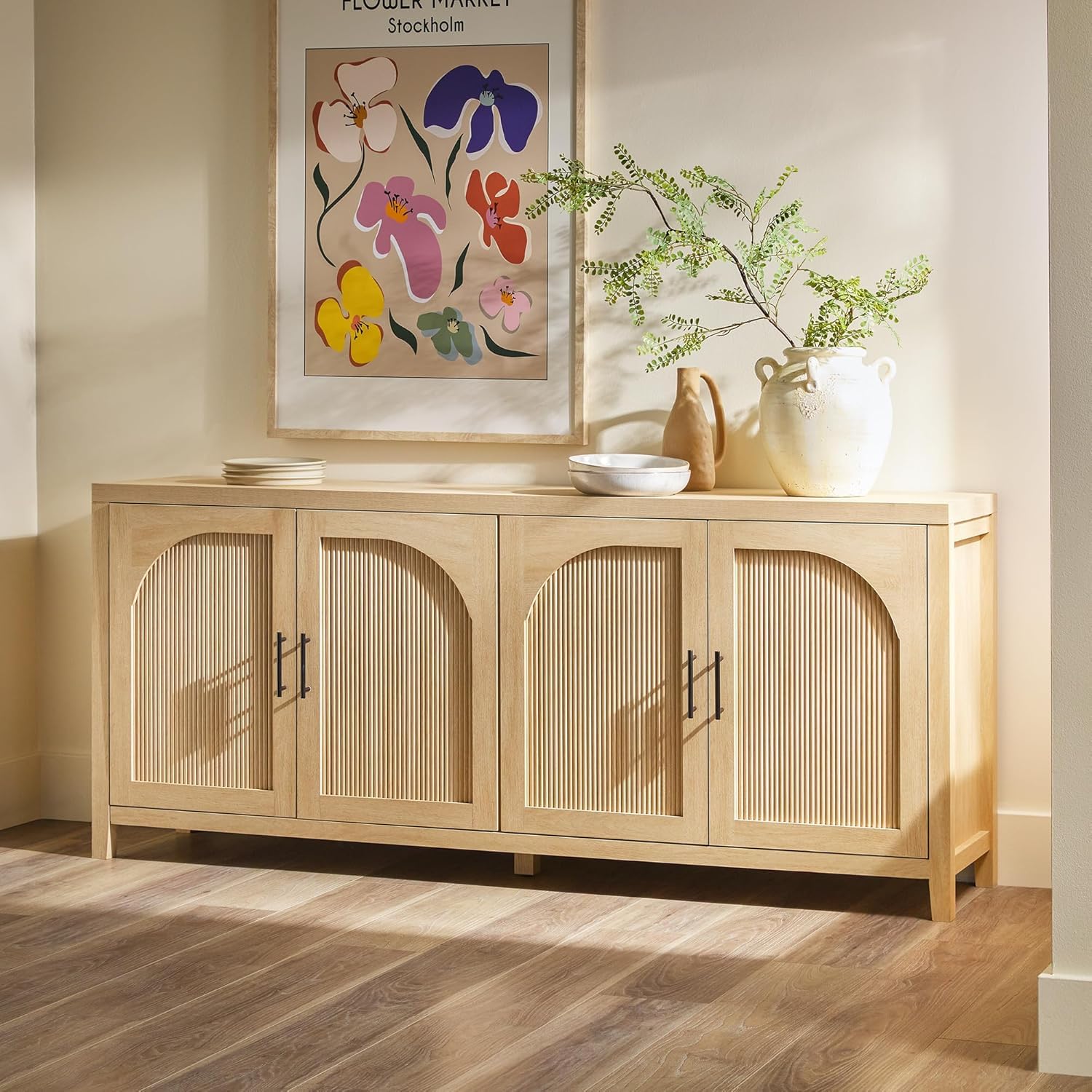 Walker Edison Sasha 70" Coastal Oak Reeded 4-Door Sideboard Buffet