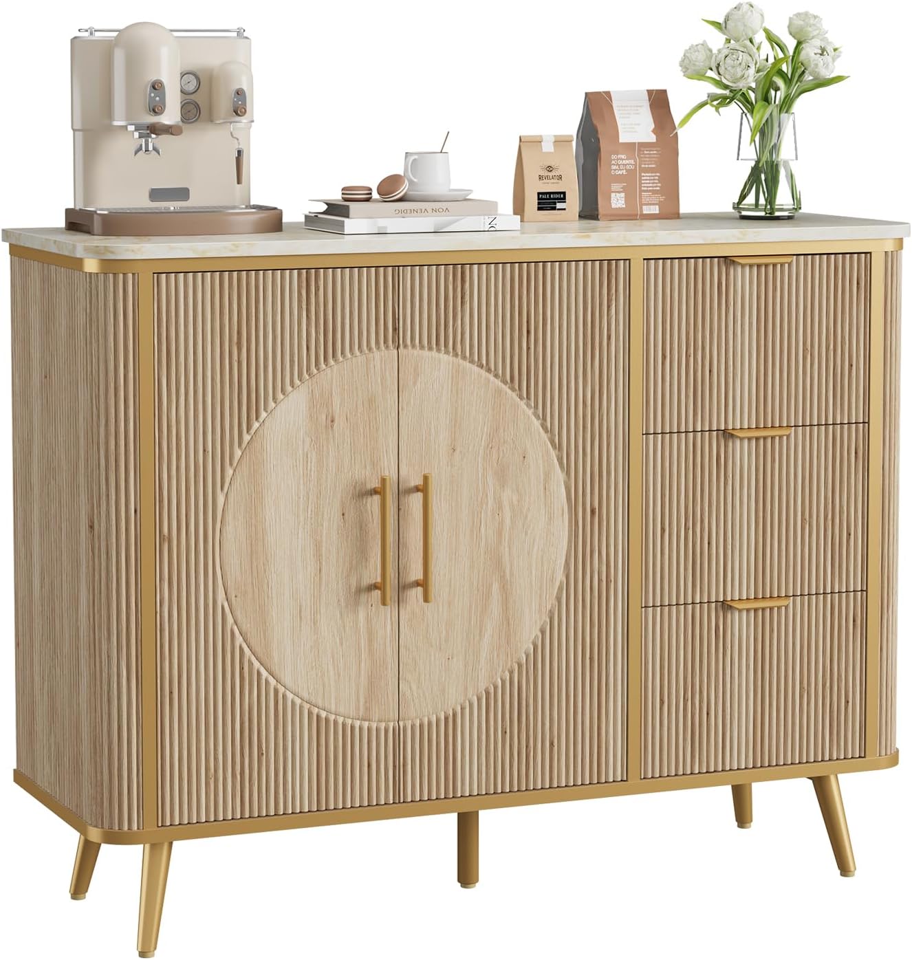 Natural Oak Fluted 2-Door 3-Drawer Storage Sideboard Cabinet