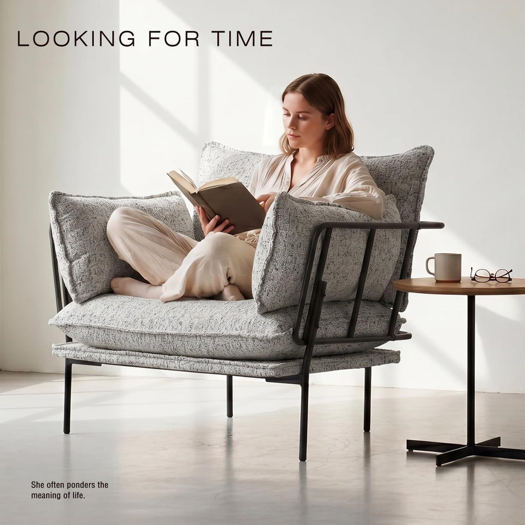 Panda White Boucle Oversized Deep Seat Accent Chair with Black Metal Frame