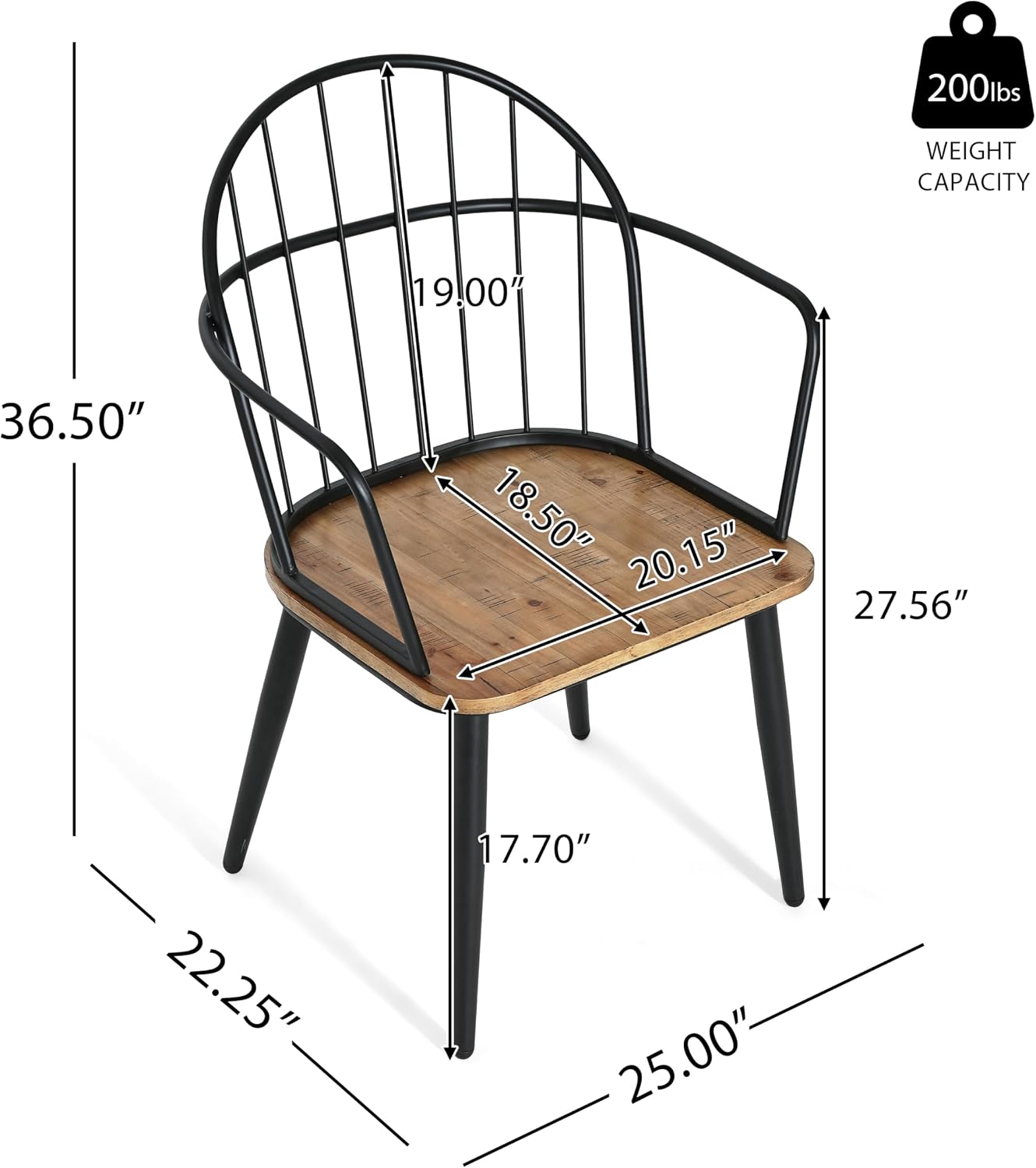 Knight Home Drats Natural Industrial Dining Chairs Set of 2 with Birch Finish & Metal Frame