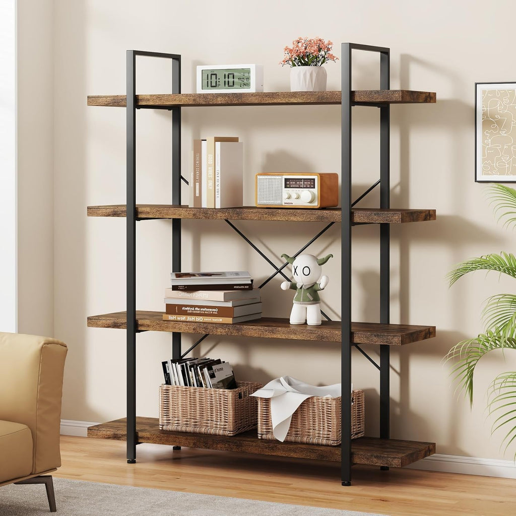 Rustic Wide 4-Tier Heavy Duty Industrial Open Display Bookcase
