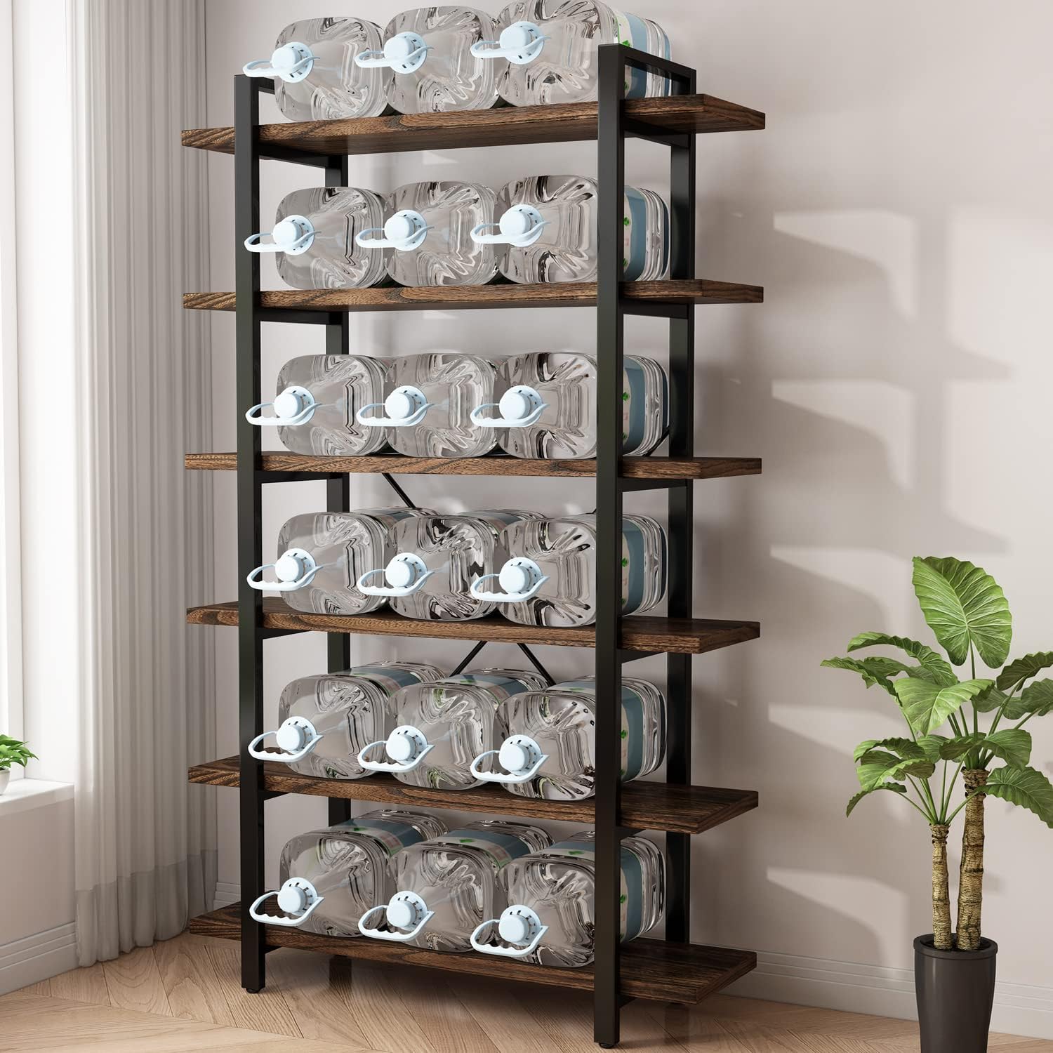 Distressed Brown 6-Tier Wood & Metal Open Bookshelf