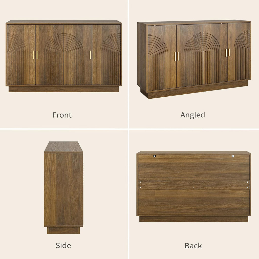 Walnut Fluted 4-Door 57 Inch Storage Sideboard Credenza