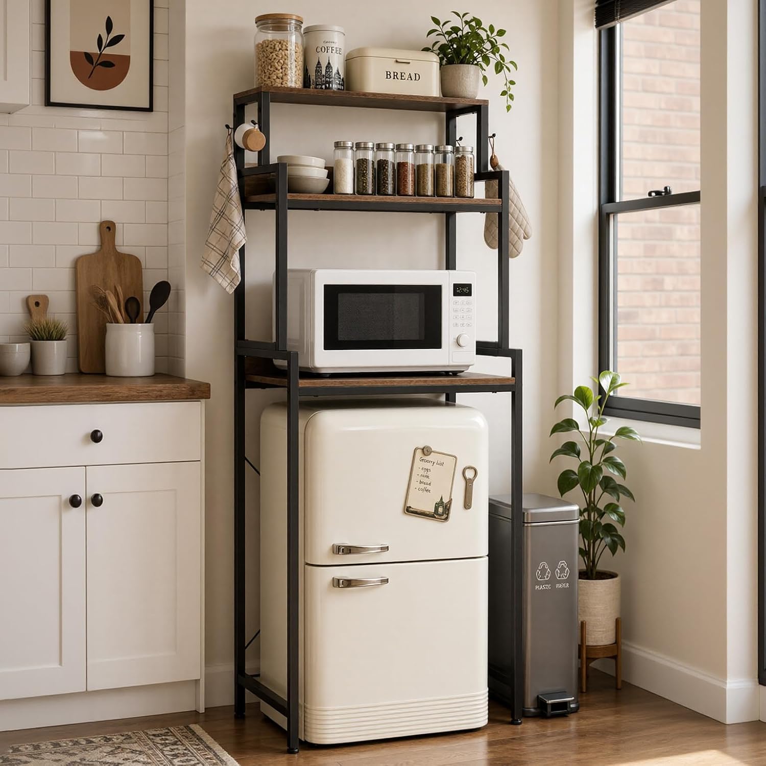 Rustic Brown 3-Tier Split Design Microwave Coffee Bar Baker’s Rack