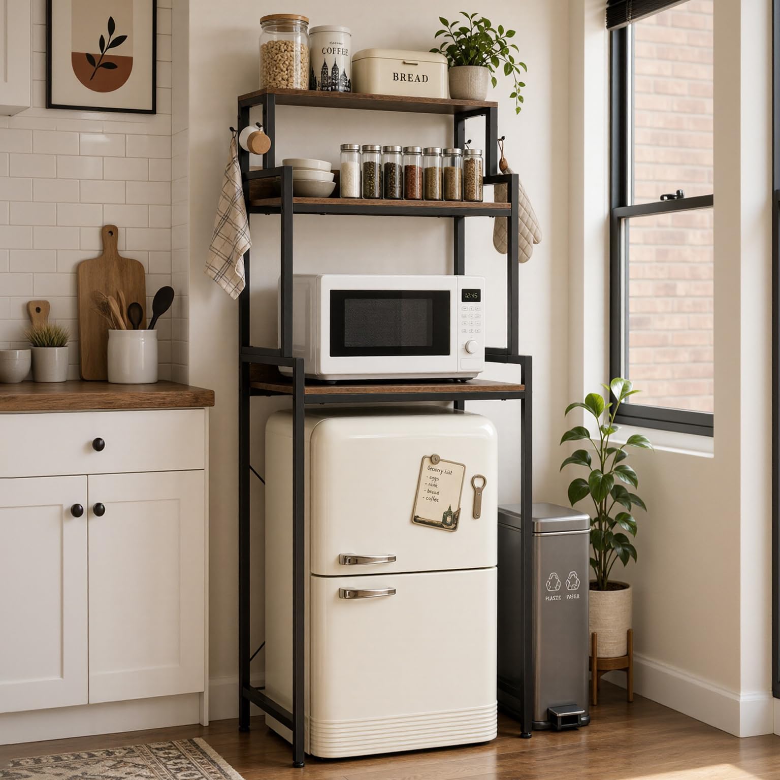 Rustic Brown 3-Tier Split Design Microwave Coffee Bar Baker’s Rack