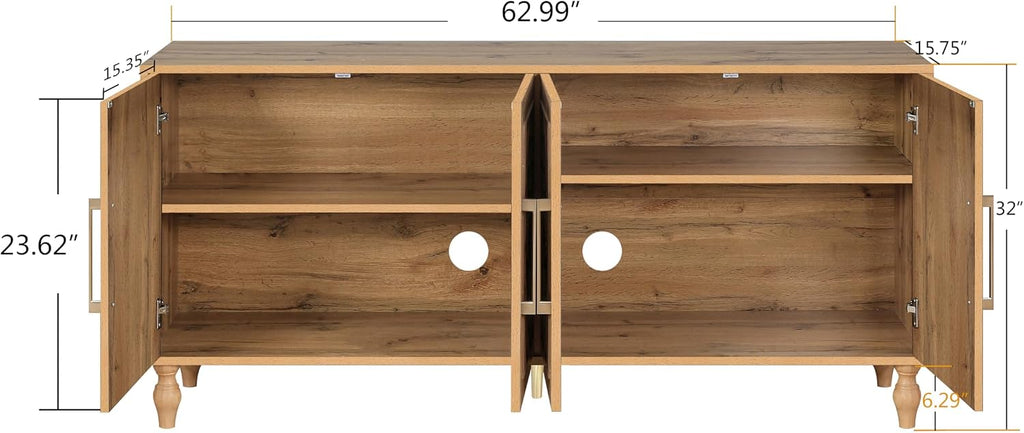 Natural Wood Floral Carved 63 Inch Storage Sideboard Credenza