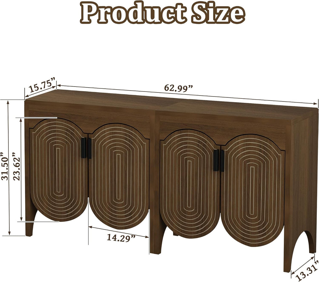 Walnut Fluted Arc Carved 4-Door Storage Sideboard Cabinet