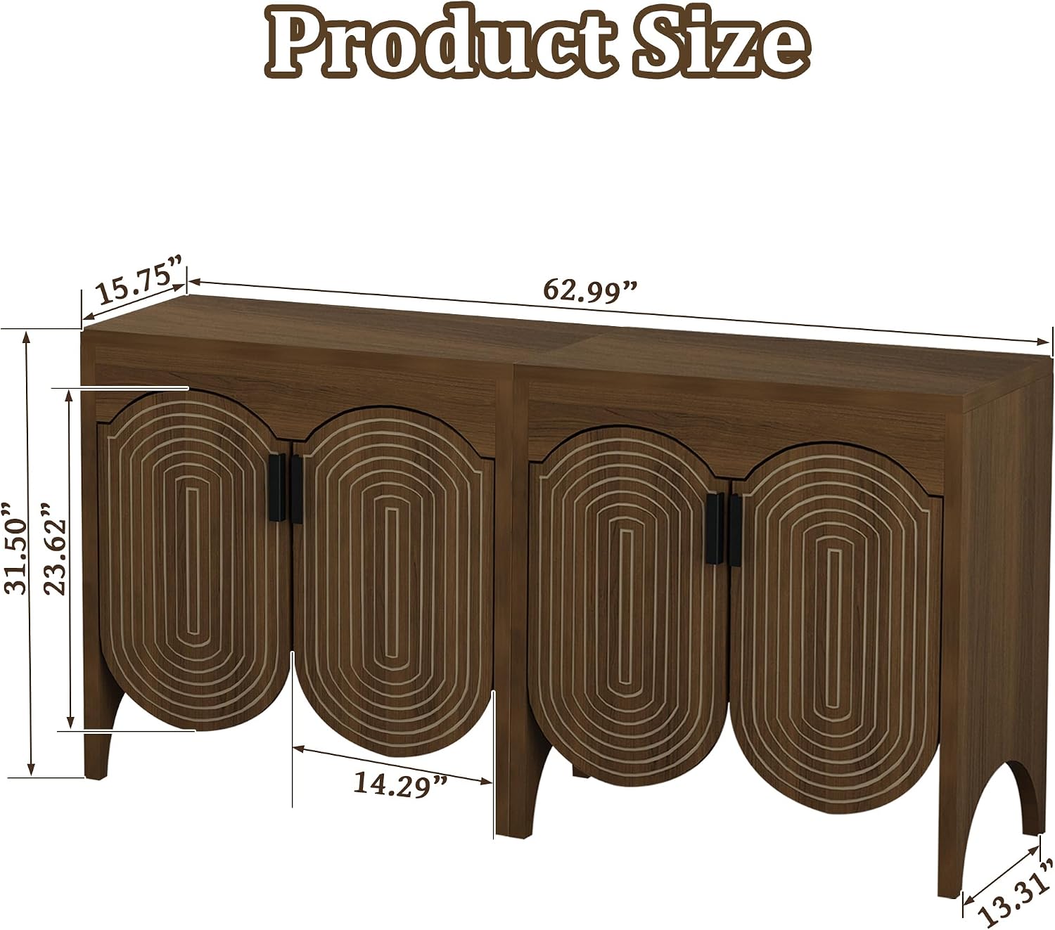 Walnut Fluted Arc Carved 4-Door Storage Sideboard Cabinet