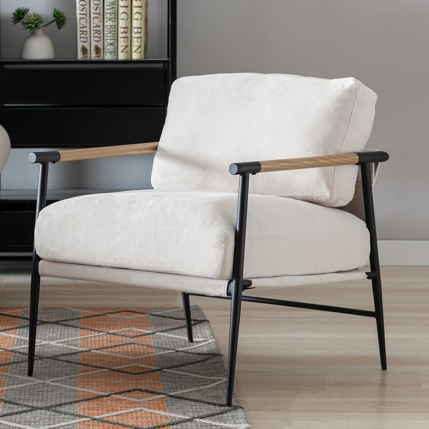 Beige Chenille Fabric Modern Upholstered Accent Chair