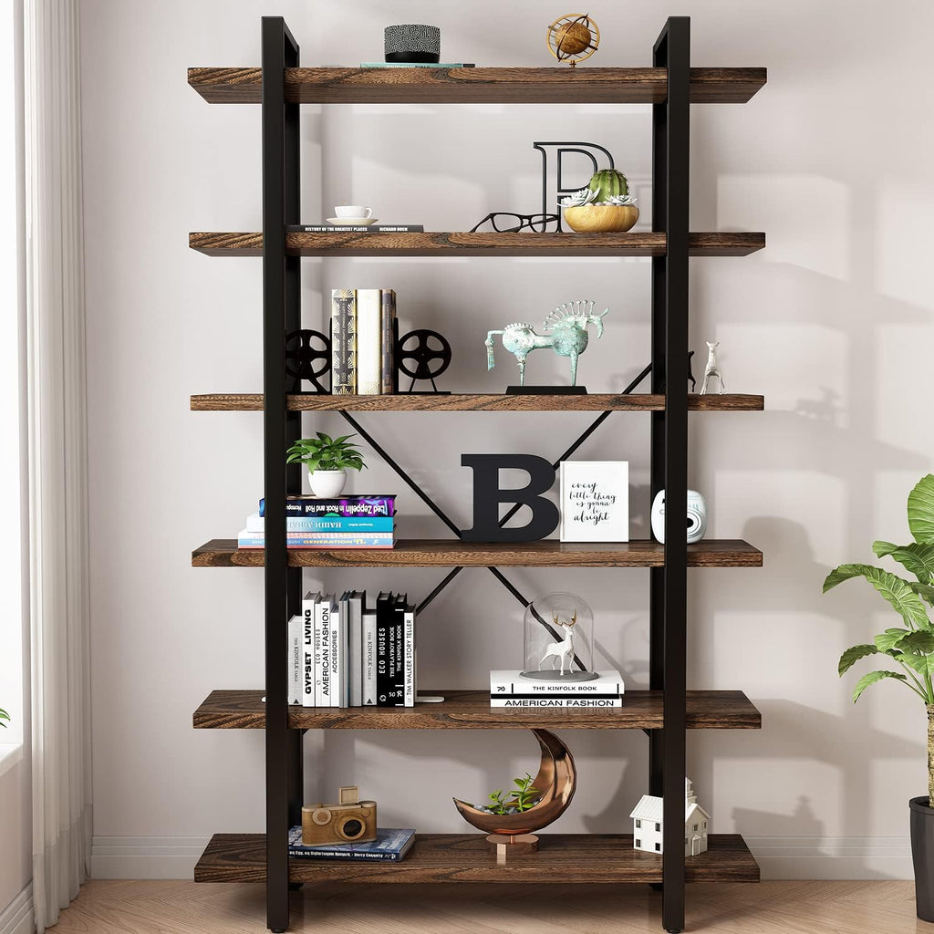 Distressed Brown 6-Tier Wood & Metal Open Bookshelf