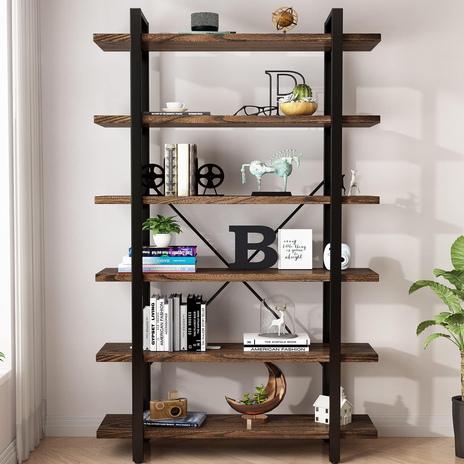 Distressed Brown 6-Tier Wood & Metal Open Bookshelf