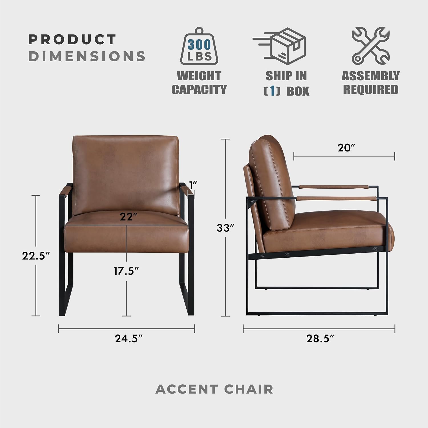Brown Faux Leather Accent Chair with Black Metal Frame & Wrapped Armrests