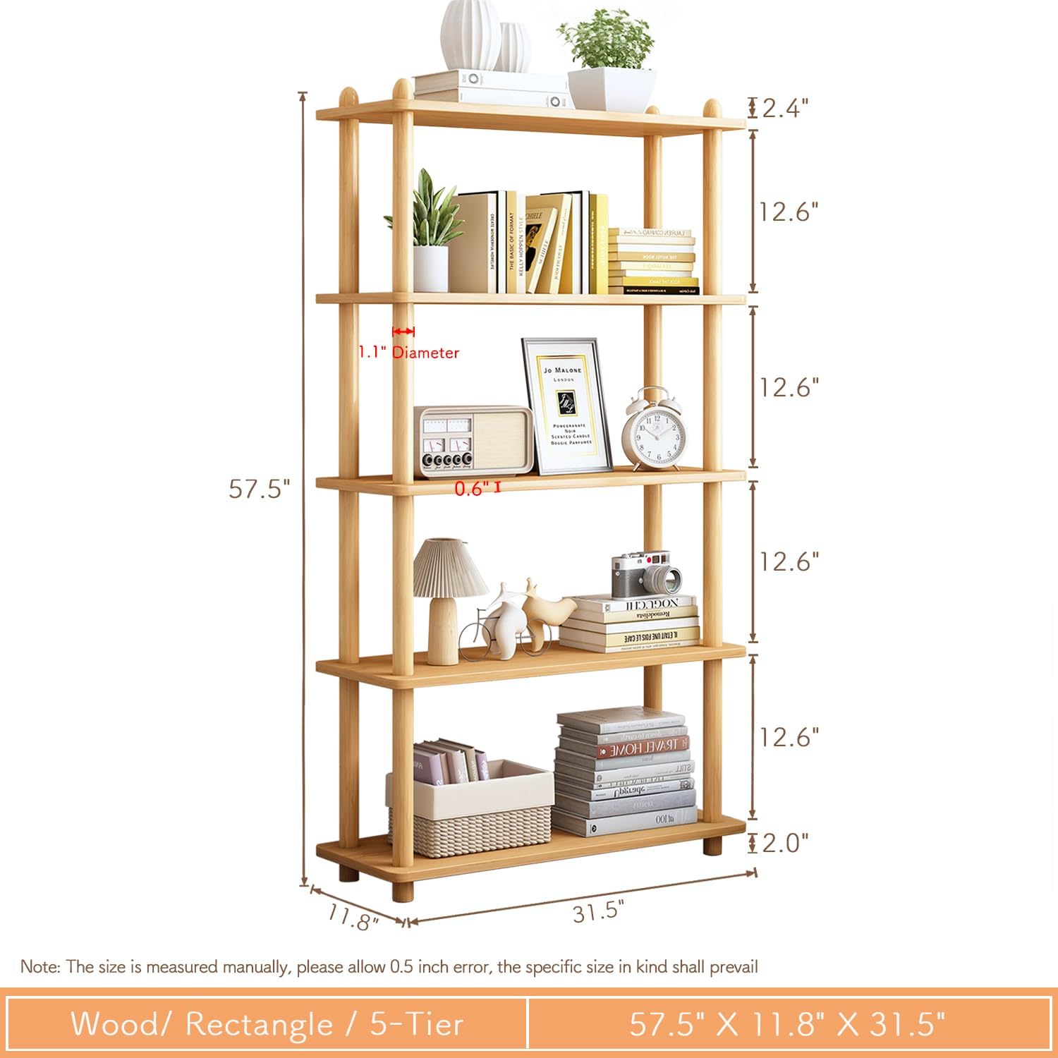 Oak Rectangle 5-Tier Modern Open Storage Bookcase