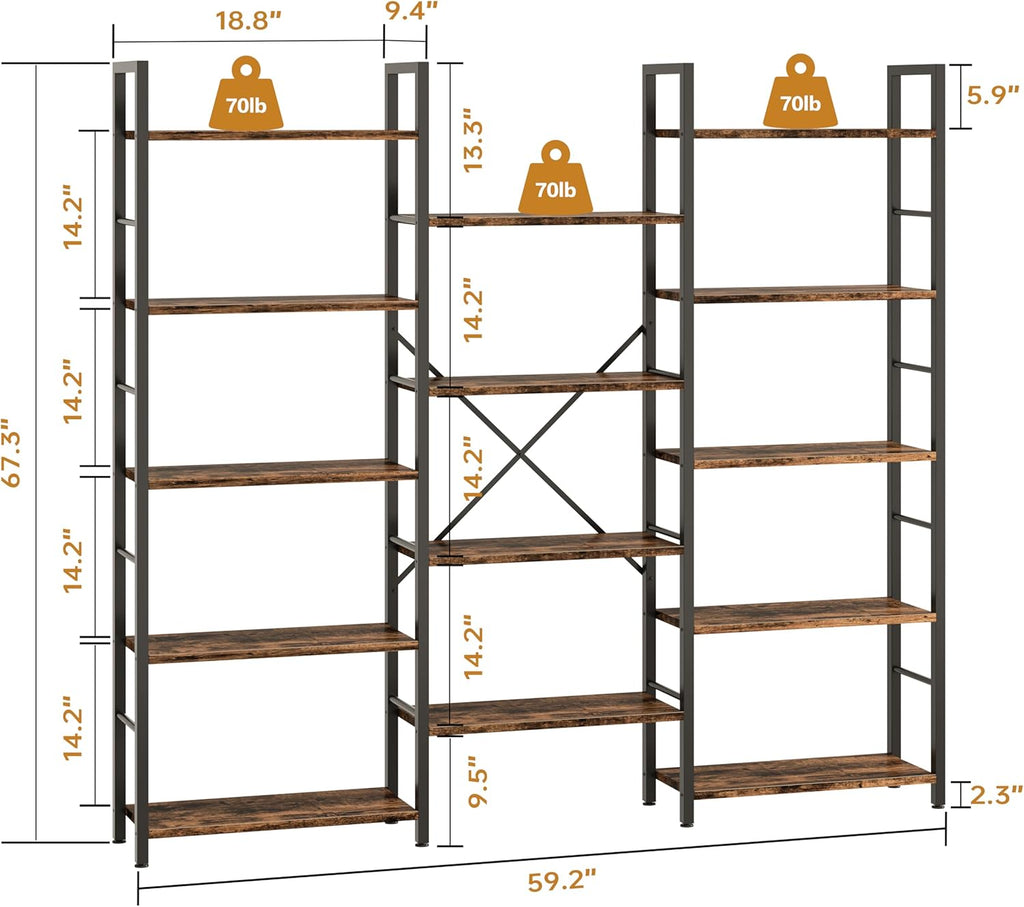 Rustic Brown Triple Column 5-Tier Wide Industrial Display Bookshelf