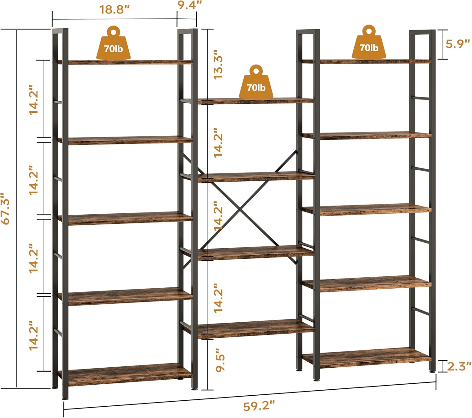 Rustic Brown Triple Column 5-Tier Wide Industrial Display Bookshelf
