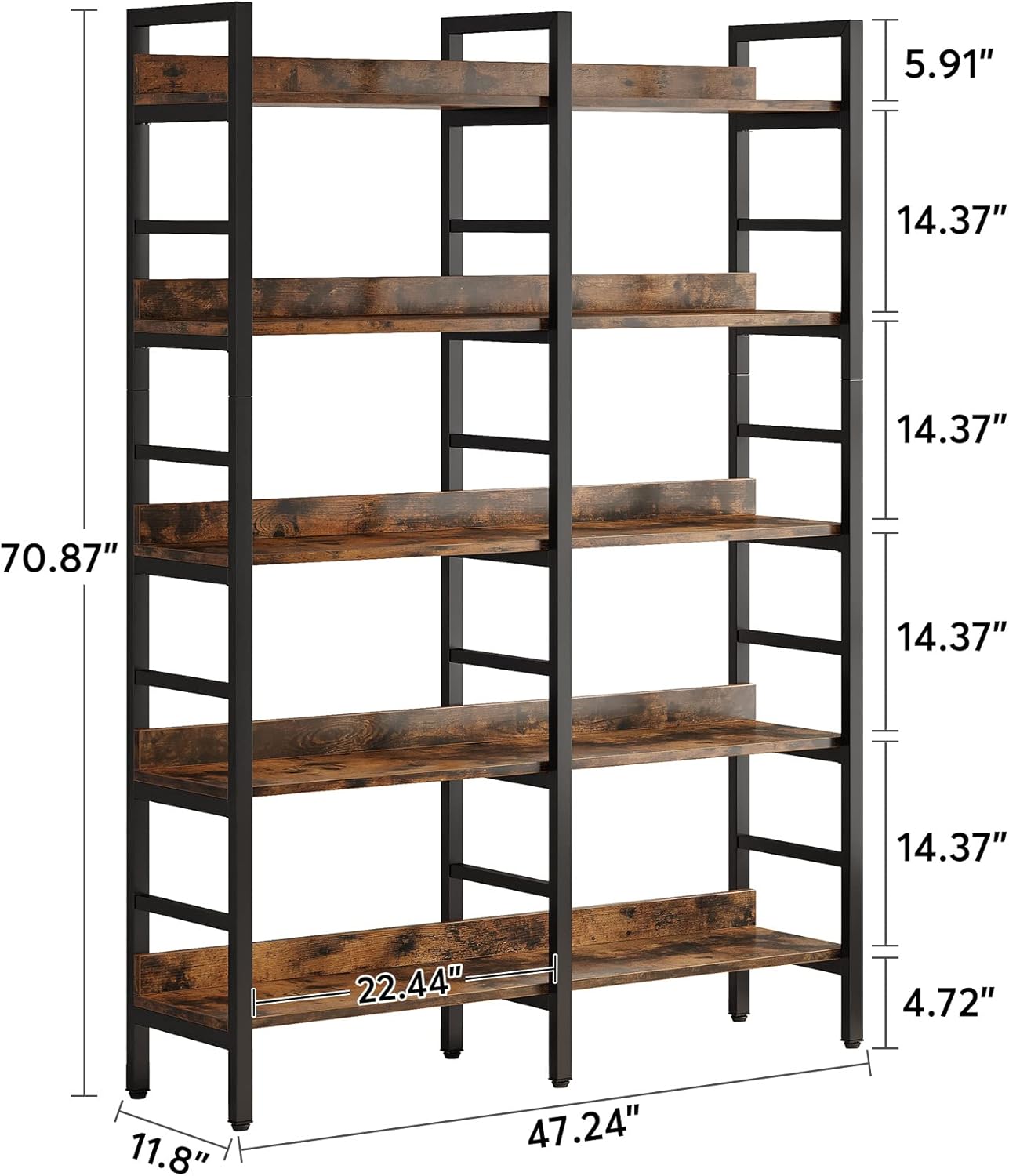 Tribesigns Rustic Brown Double Wide 5-Tier Industrial Bookshelf