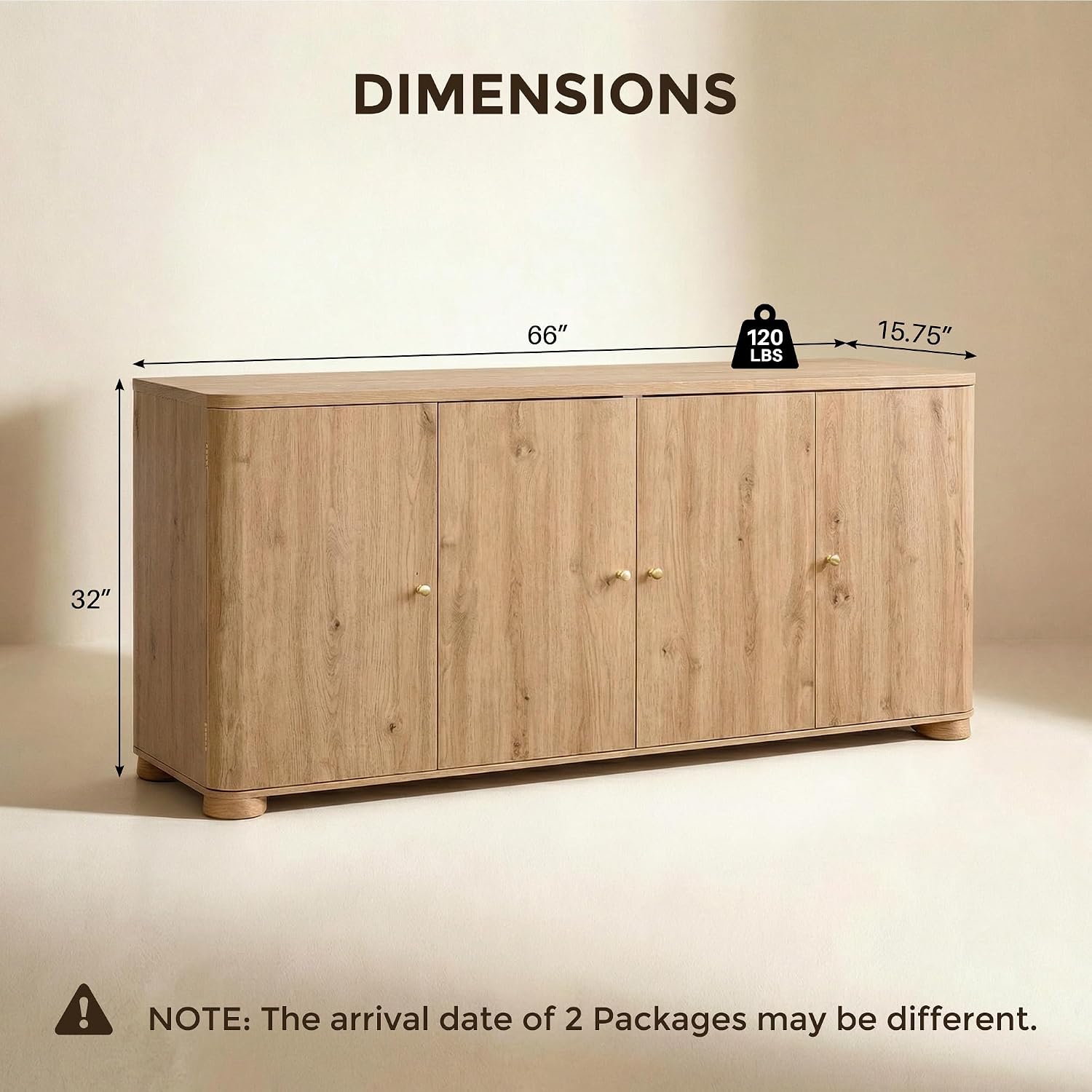Natural Curved 4-Door 66 Inch Storage Sideboard Buffet Cabinet