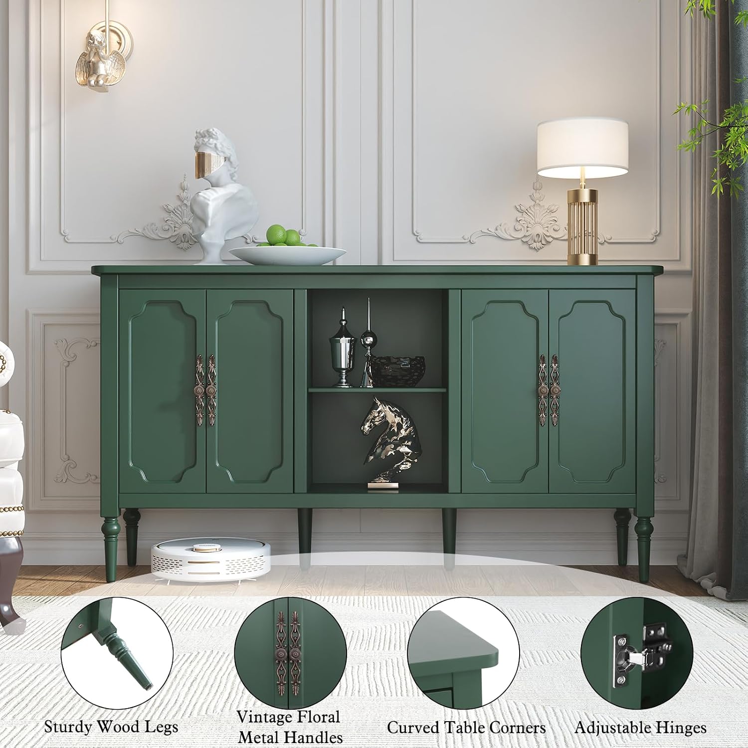 Green 59" Vintage Mid-Century 4-Door Sideboard TV Credenza