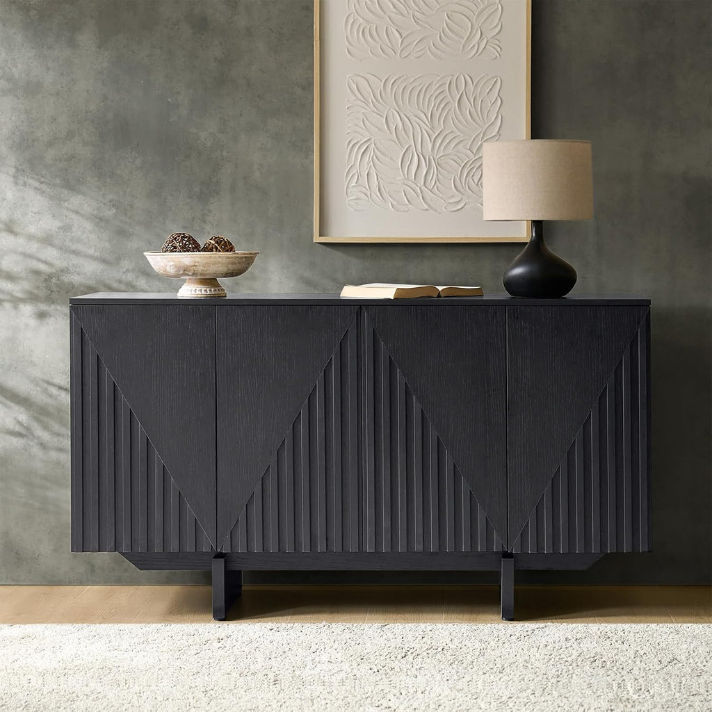 Black Fluted 4-Door Mid Century Solid Wood Sideboard