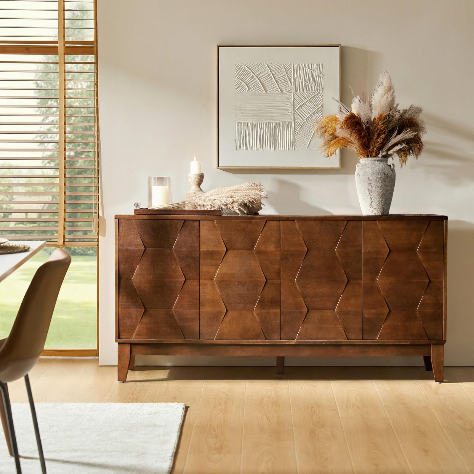Walnut Solid Wood Leg 4-Door Mid Century Sideboard Cabinet