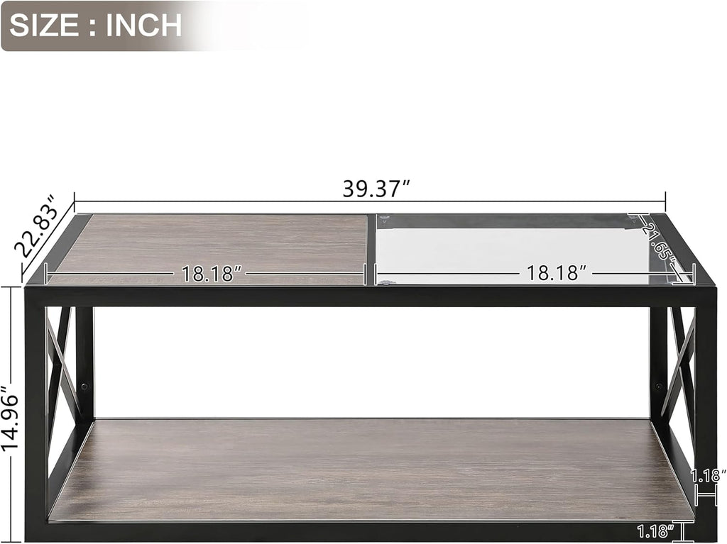 Industrial Glass Wood Coffee Table