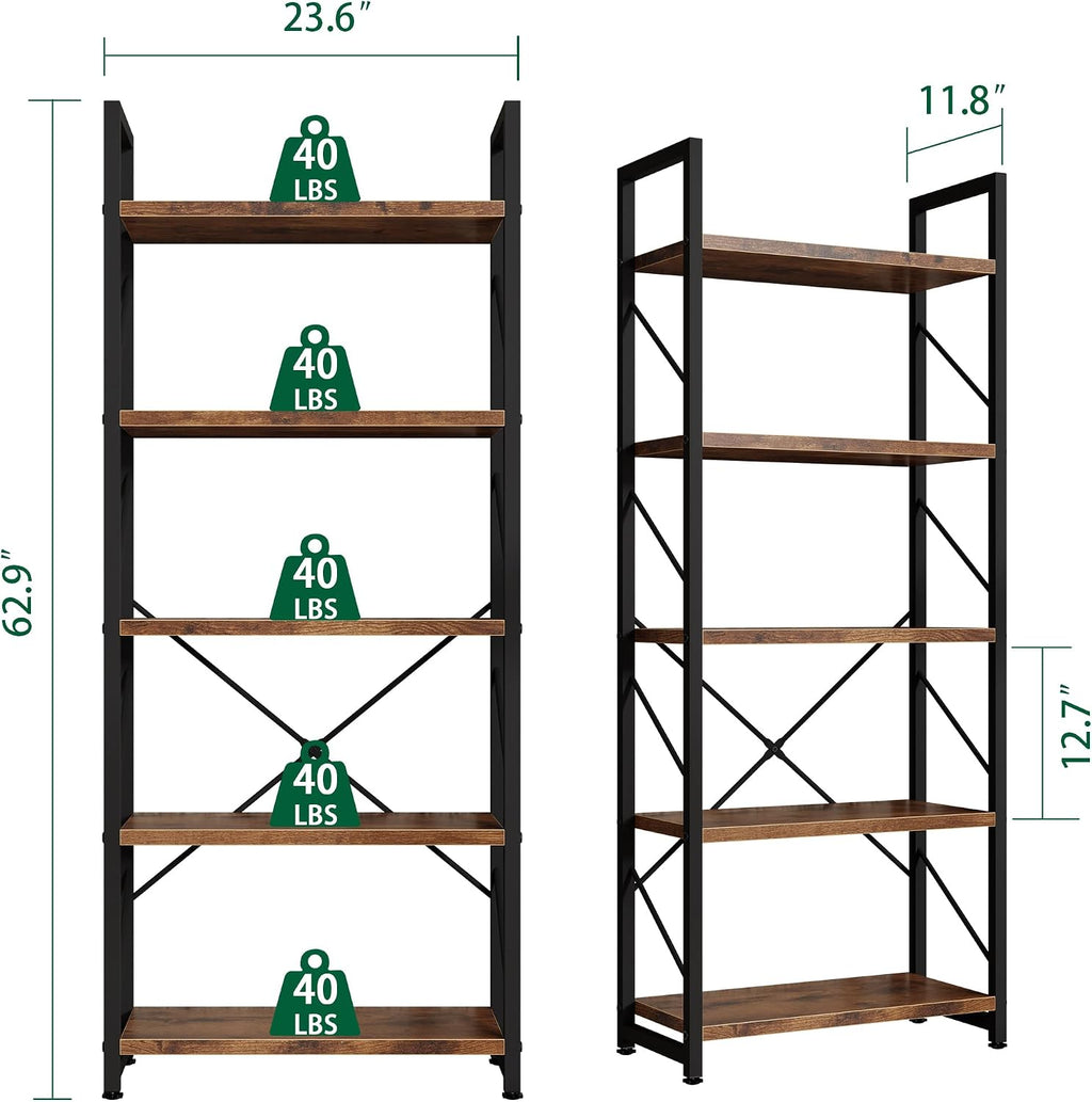 Brown Industrial 5-Tier Tall Open Storage Bookshelf