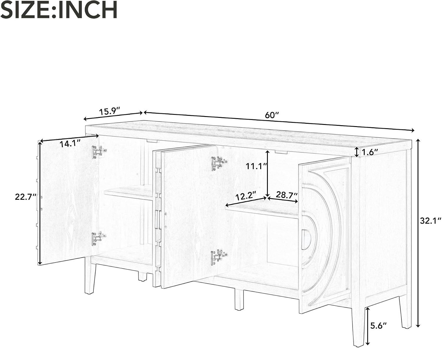 Black Round Metal Handle Retro Storage Sideboard Cabinet