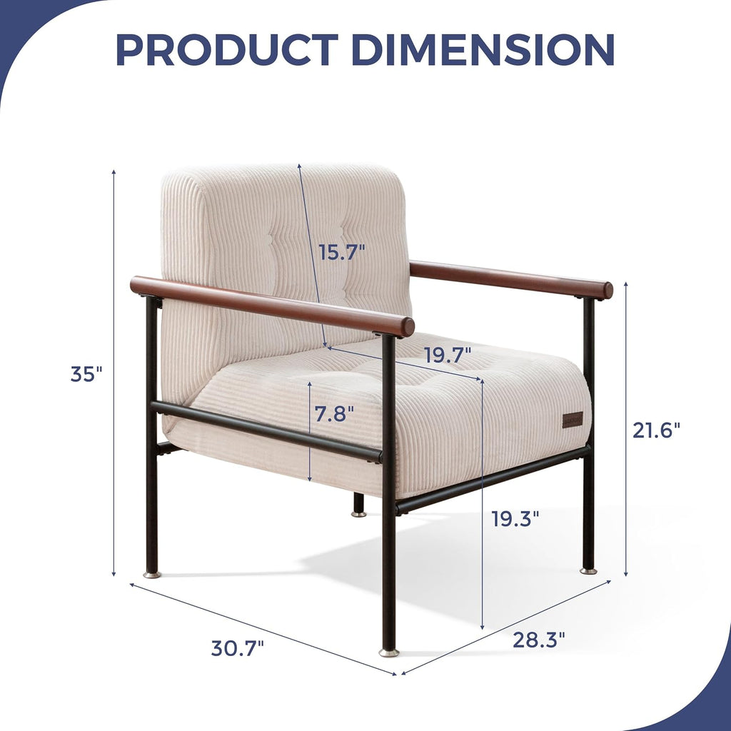Beige Upholstered Reading Accent Chair with Metal Frame & Wood Armrests