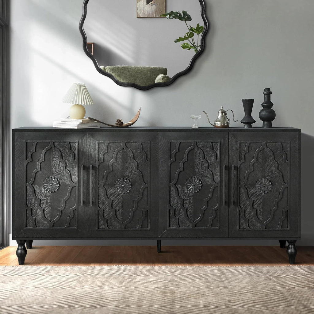 Natural Wood Floral Carved 63 Inch Storage Sideboard Credenza