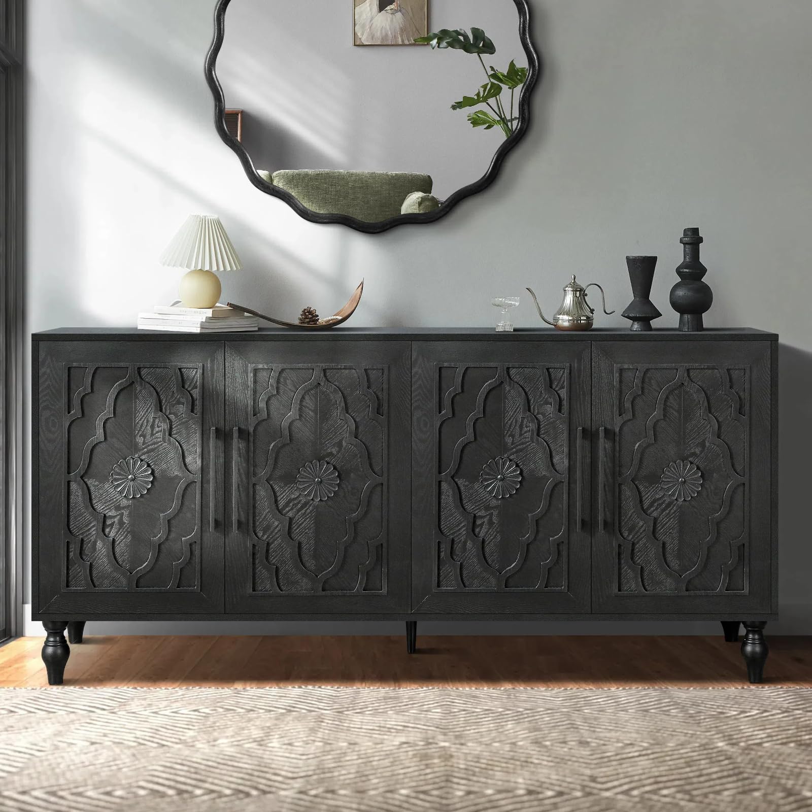 Natural Wood Floral Carved 63 Inch Storage Sideboard Credenza