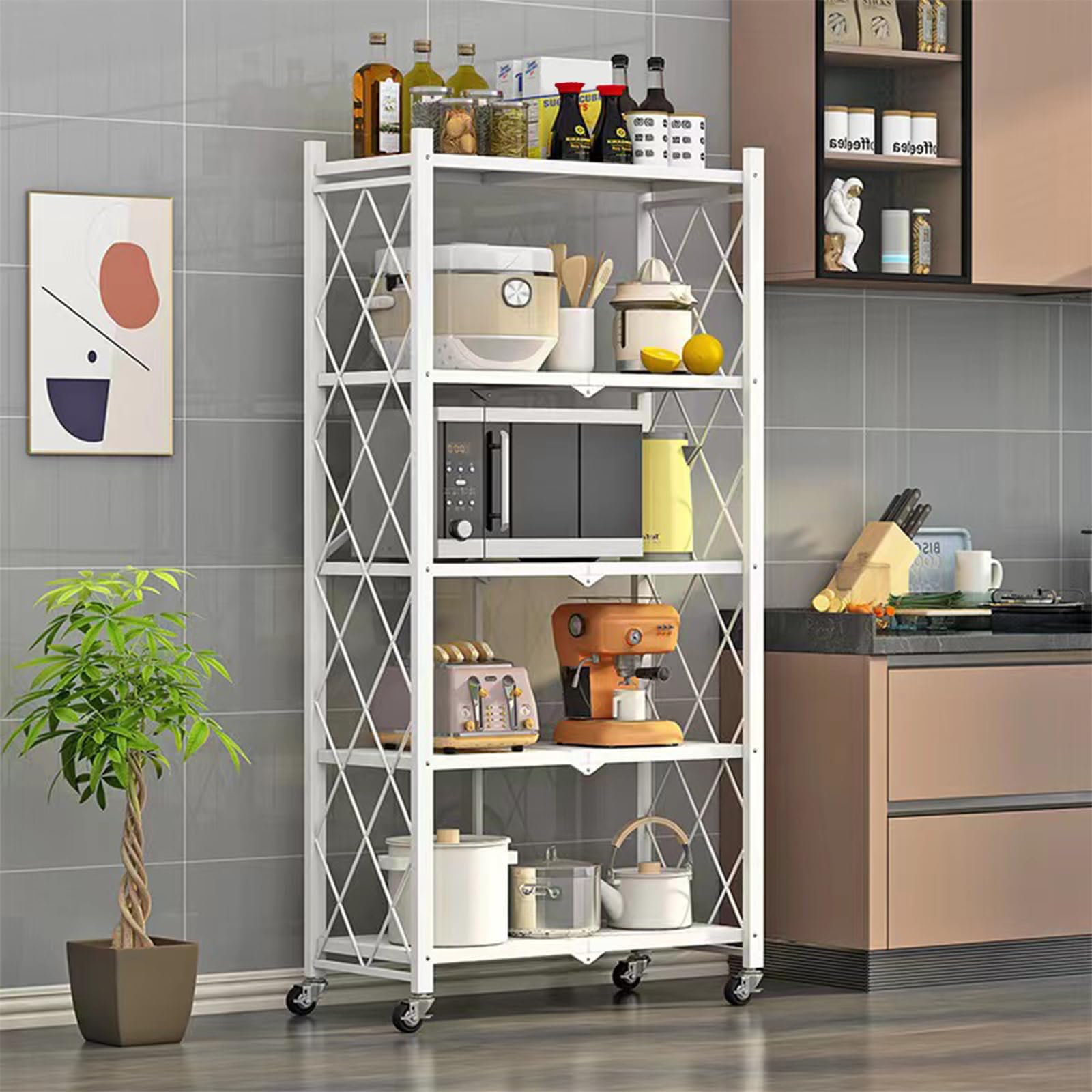 White 5-Tier Wheeled Foldable Heavy Duty Metal Storage Shelf
