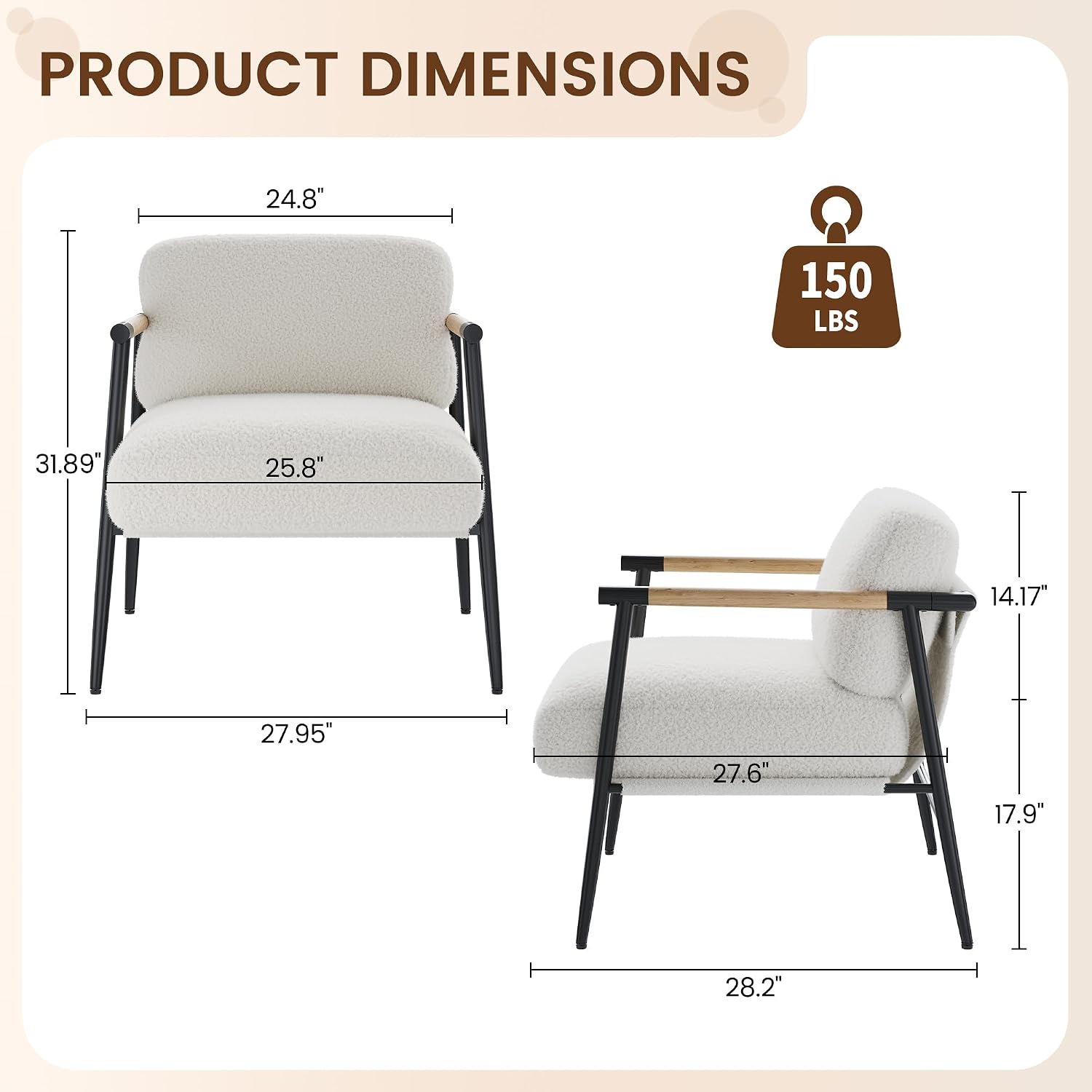 White Wood Armrest Metal Frame Modern Reading Accent Chair